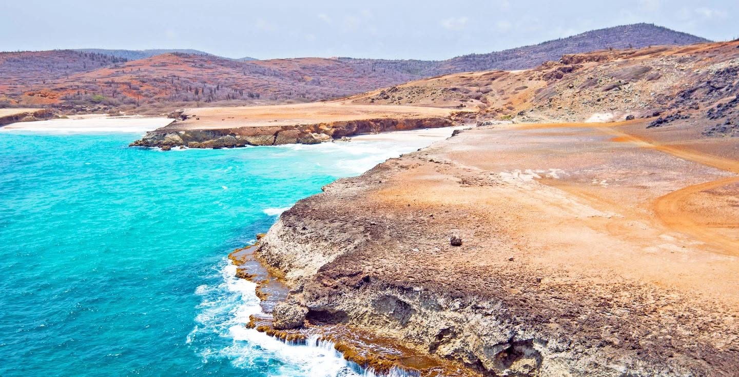 Turquoise water breaking on the rocky north coast of Aruba below desert hills